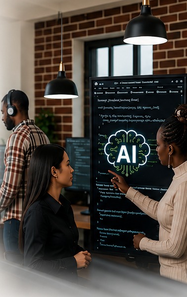 Business team reviewing an AI workflow system on a large display